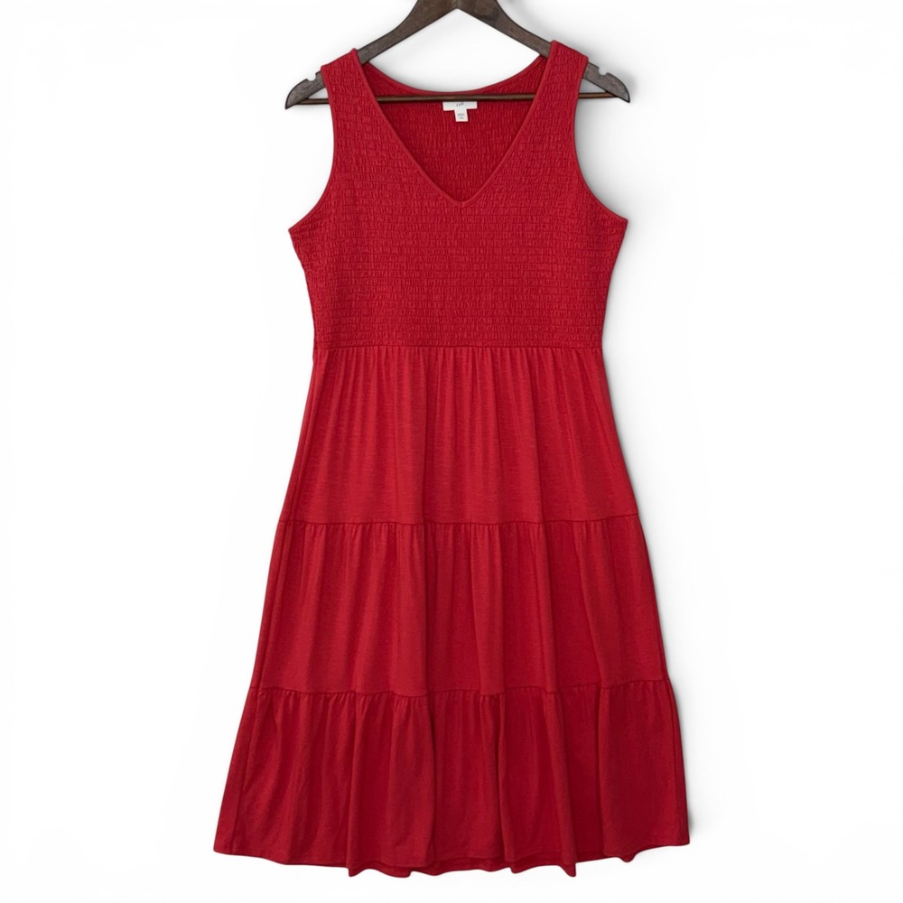 J. Jill Tiered Smocked Midi Dress‎ S Petite Coral Pink Red Stretch Cottagecore